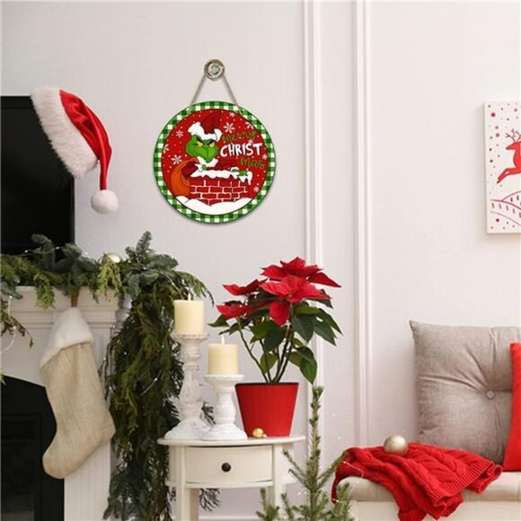 Merry Christmas Sign for Front Door Decor, Green Xmas Holiday Wood Door Hanger - Picture 4 of 7